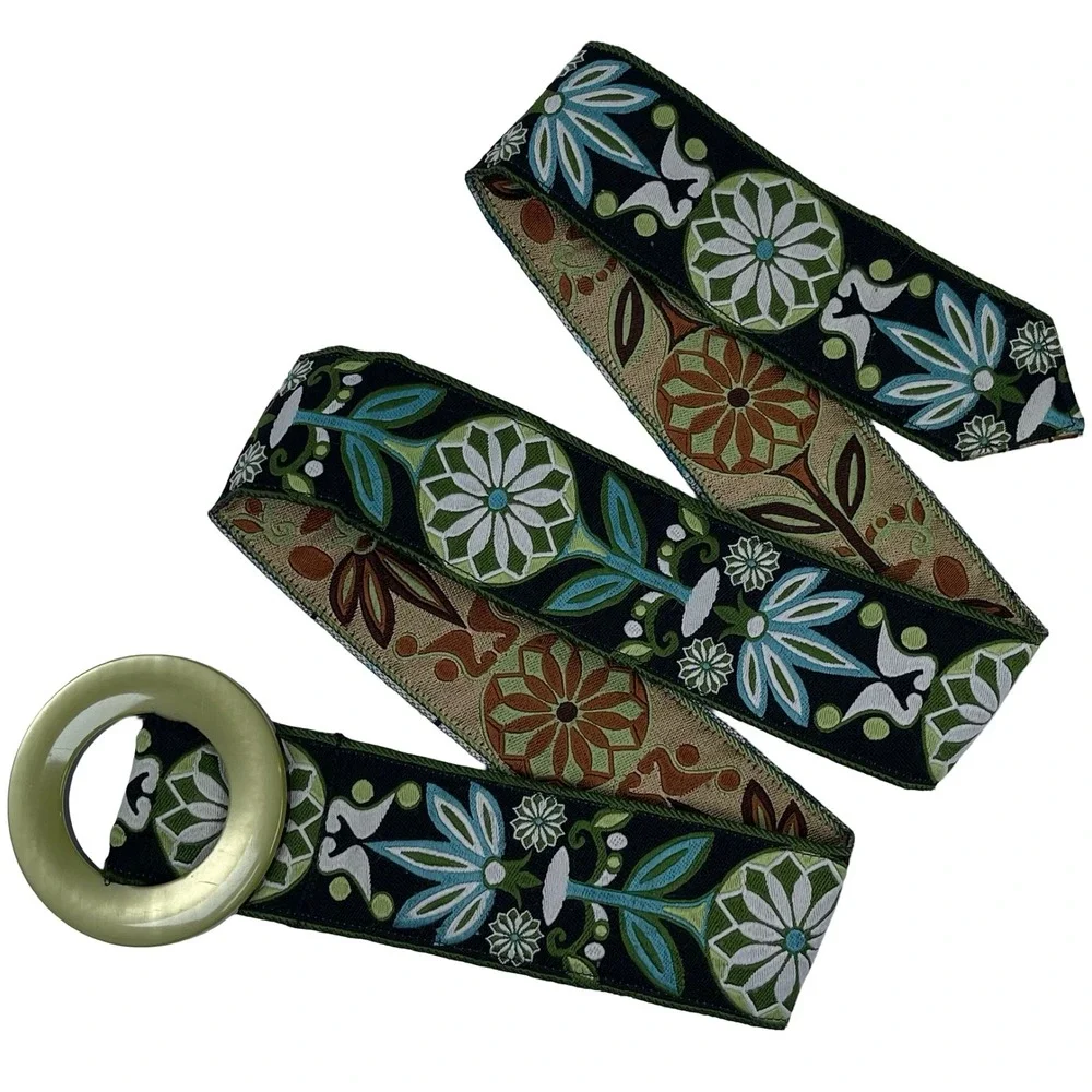 Vintage Floral Embroidered O-Ring Buckle Belt Womens Green Blue Boho Folk 70s